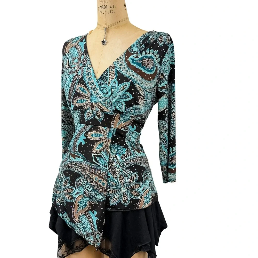 90s Retro Sequin Teal Paisley Wrap Top Asymmetrical Hem 80s Glamoratti Size M - Picture 6 of 8